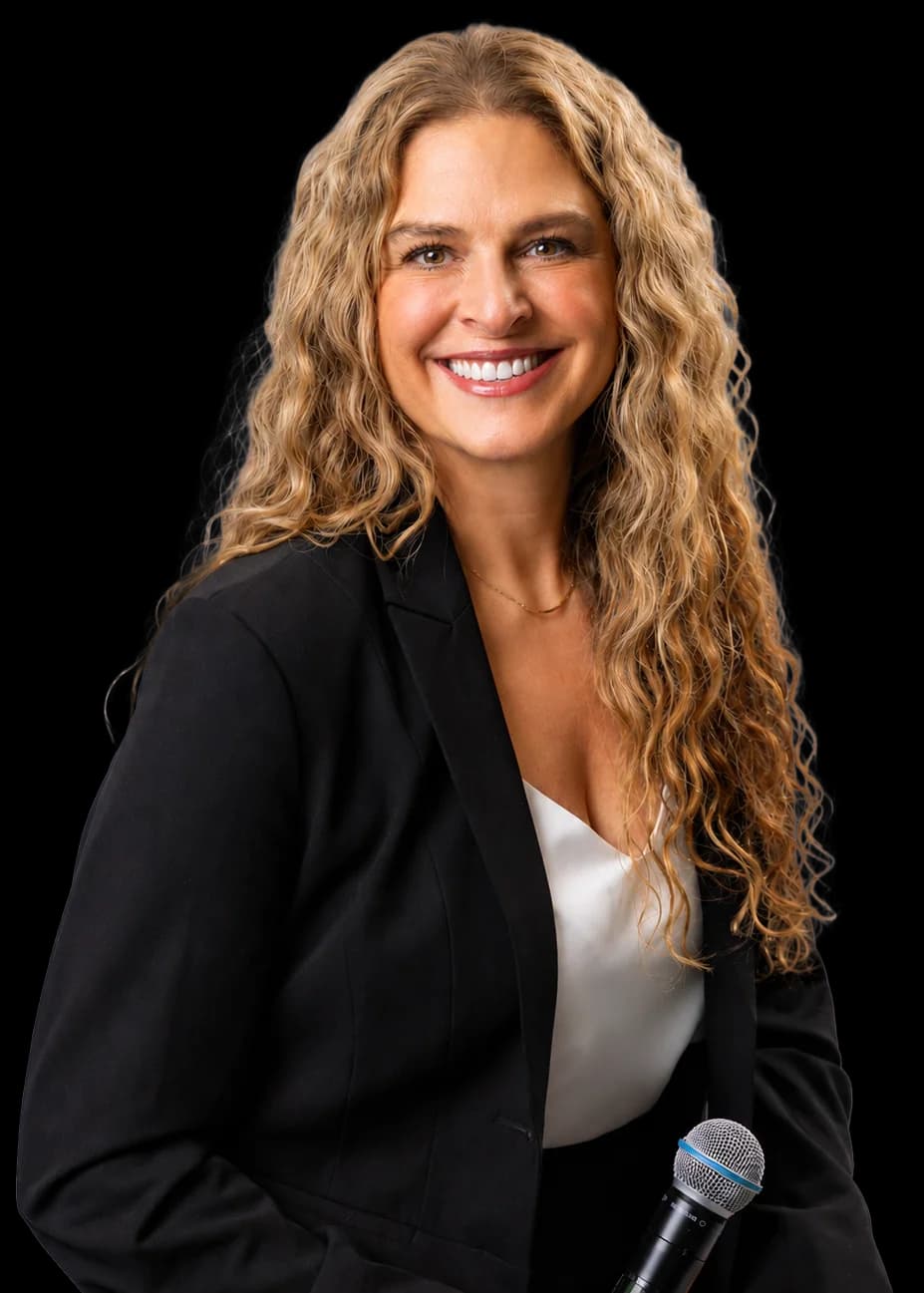 Dr Rebecca Chabot, keynote speaker, holding a microphone